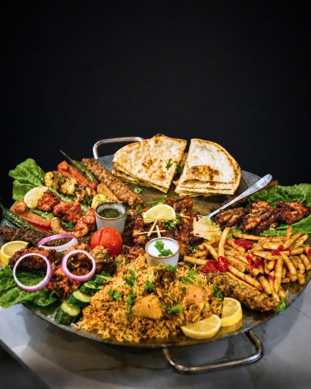 Grand Tawa Platter piled with grilled kababs, tikka, chicken wings, naan, fries and biryani